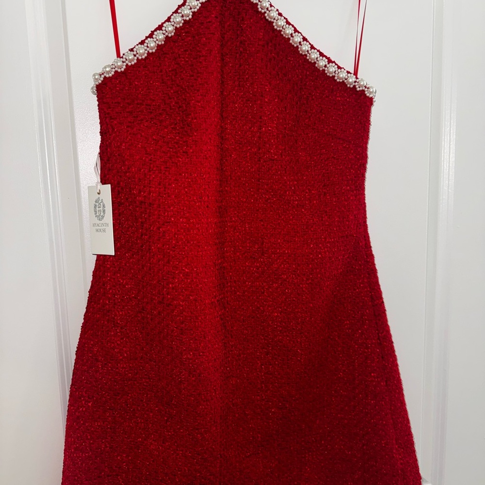 Tuckernuck Hyacinth House Red Tweed Halter Dress Pearl Collar Size Small - Picture 2 of 5